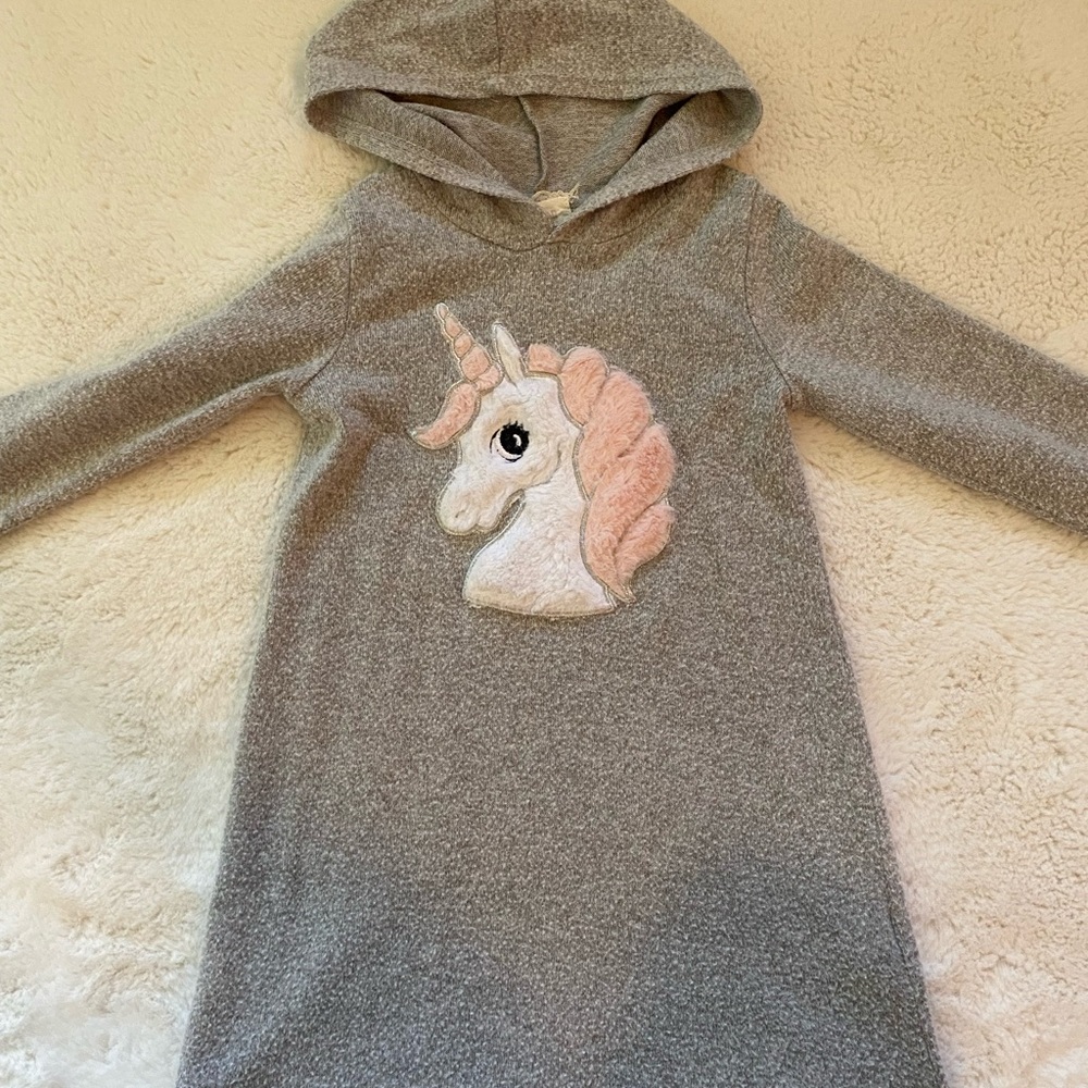 Gray Hooded Dress/Tunic with Unicorn Design